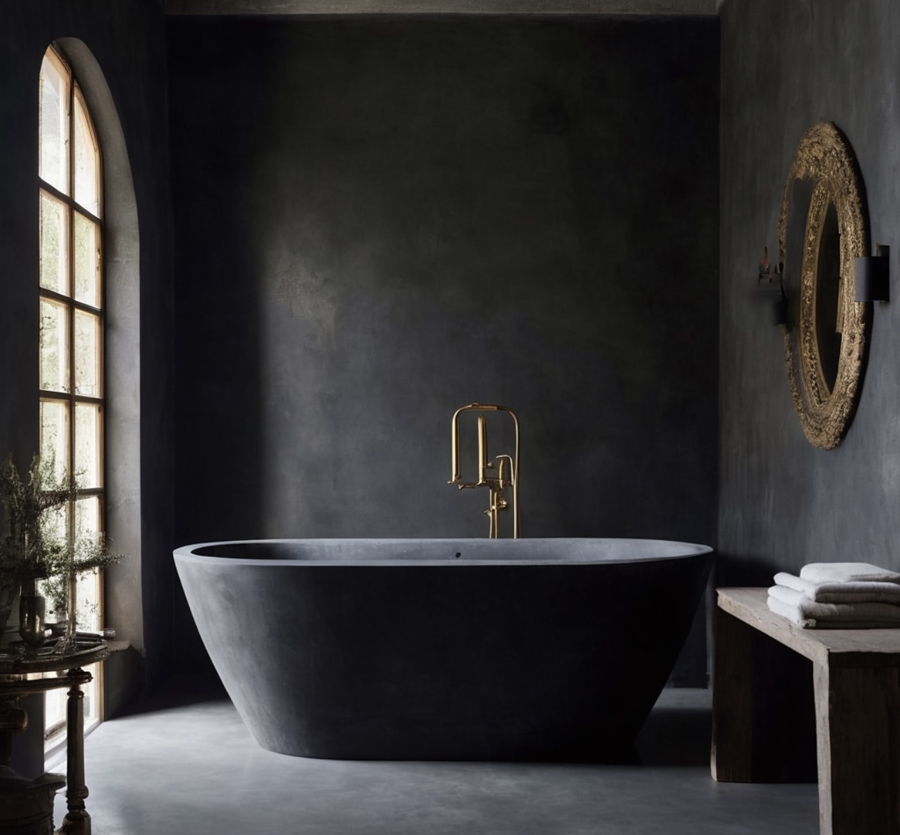Dramatic dark bathroom with charcoal Concretta plaster