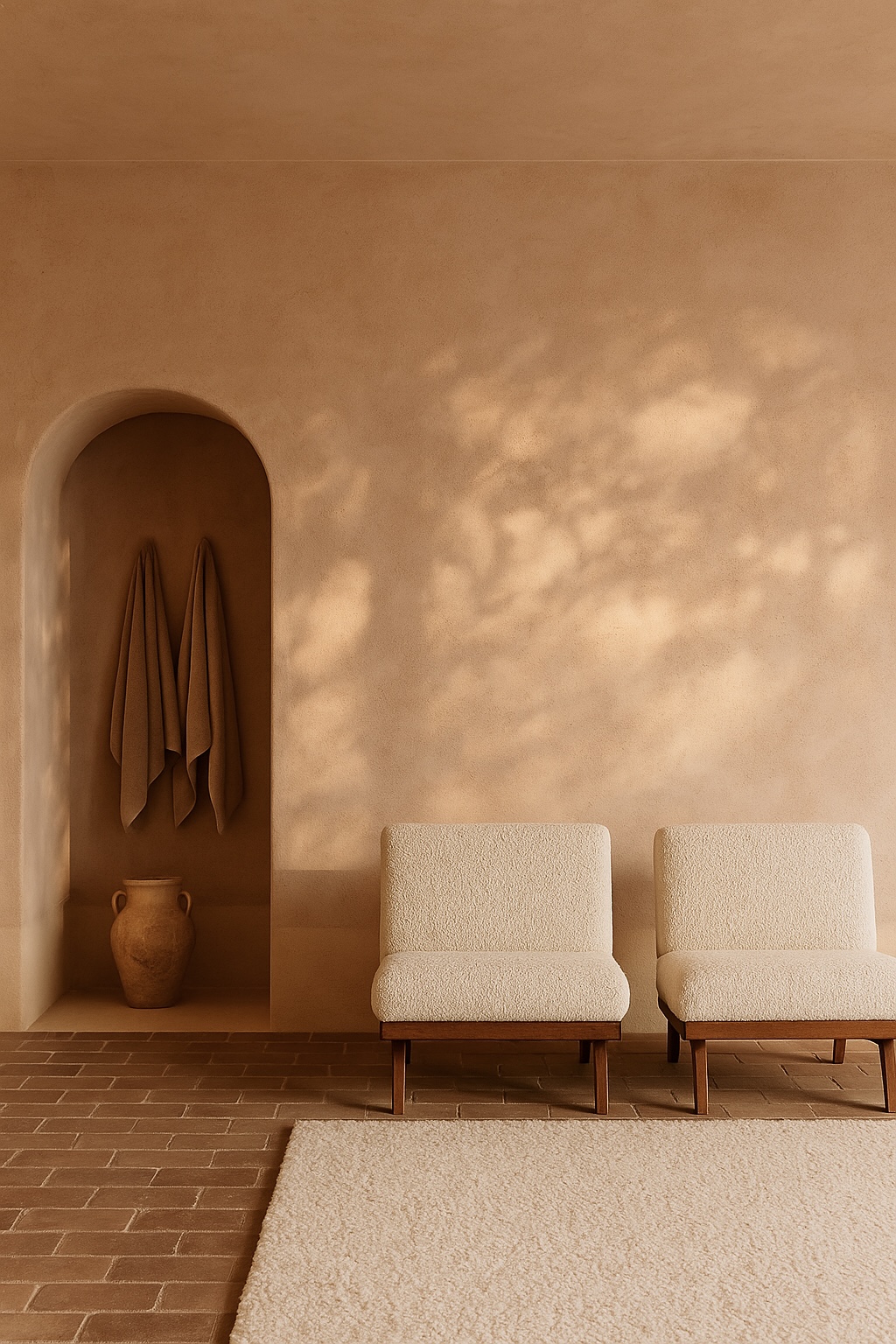 Beautiful terracotta lime plaster interior with modern chairs and arched alcove
